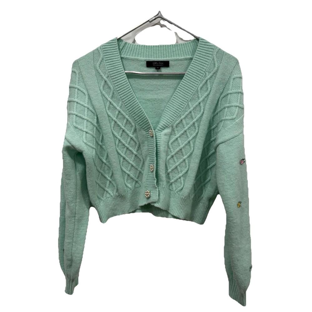 Women’s Witty Fox Cardigan Cropped Blue Size Medium M Florals